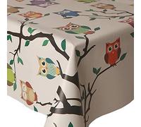 Designers247 Owls On Trees PVC Oil Vinyl Plastic Table Cloth Off White Ozzy Owls Brown Birds Branch Leaves Multicoloured Hoot Owls Green Leaves (280cm x 140cm Rectangle 110" x 54" inches)
