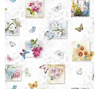 DESIGNERS247 Patchwork Butterflies Multicoloured PVC Tablecloth Butterfly white Pink Flowers Blue PVC Plastic Vinyl Wipe Clean Party Table Cloth Protector Width 140cm - Sold by metre
