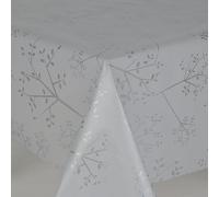 Designers247 Silver Grey Leaves PVC Oil Vinyl Plastic Table Cloth Light Grey Silver Leaves And Stems Oilcloth Wipe Clean Dining (Oval 180cm x 135cm (72" x 52" inches))