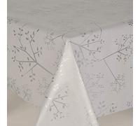 Designers247 Silver Grey Leaves PVC Oil Vinyl Plastic Table Cloth Light Grey Silver Leaves And Stems Oilcloth Wipe Clean Dining (120cm x 140cm Rectangle 47" x 54" inches)