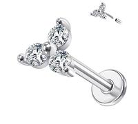 Designfy 14K White Gold Threadless Earring Top Push in Triple Clear CZ Flat Back Nose Stud Threadless Cartilage Earring Helix Stud Tragus Piercing Jewelry for Women Men 6mm