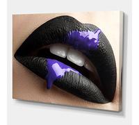 DesignQ Female Lips With Black Lipstick & Purple Paint Modern Canvas Wall Art