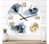 DesignQ Modern Wall Clock 'Abstract of Dark Blue and Gold Cloud' Abstract & Fractals Large Wall Clock for Living Room Decor