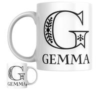 Designs of note! Gemma Personalised Initial Name Mug | Letter G Decorative Coffee Cup for Her | Novelty Elegant Gift for Women or Girls Called Gemma