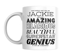 Designs of note! Jackie Personalised Ceramic Mug | “Most People Just Call Me Jackie” Funny Novelty Name Mug for Her | Light-Hearted Gift for Women or Girls (Black)