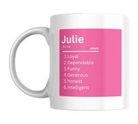Designs of note! Julie Definition Mug | Funny Personalised Name Meaning Coffee Cup for Her | Novelty Gift for Women or Girls Called Julie (Pink)