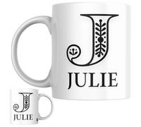 Designs of note! Julie Personalised Initial Name Mug | Letter J Decorative Coffee Cup for Her | Novelty Elegant Gift for Women or Girls Called Julie