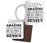 Designs of note! Lucy Personalised Ceramic Mug & Coaster Set | Funny Personalised Coffee Mug & Coaster, Most People Just Call Me Lucy