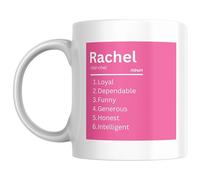 Designs of note! Rachel Definition Mug | Funny Personalised Name Meaning Coffee Cup for Her | Novelty Gift for Women or Girls Called Rachel (Pink)