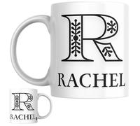 Designs of note! Rachel Personalised Initial Name Mug | Letter R Decorative Coffee Cup for Her | Novelty Elegant Gift for Women or Girls Called Rachel