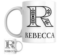 Designs of note! Rebecca Personalised Initial Name Mug | Letter R Decorative Coffee Cup for Her | Novelty Elegant Gift for Women or Girls Called Rebecca