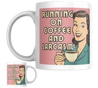 Designs of note! Running on Coffee and Sarcasm Mug | Funny Retro Pop Art Coffee Cup | 1950s Style Novelty Gift for Coffee Lovers, Office Workers & Friends (Pink)