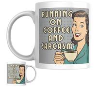 Designs of note! Running on Coffee and Sarcasm Mug | Funny Retro Pop Art Coffee Cup | 1950s Style Novelty Gift for Coffee Lovers, Office Workers & Friends (Grey)
