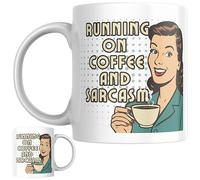 Designs of note! Running on Coffee and Sarcasm Mug | Funny Retro Pop Art Coffee Cup | 1950s Style Novelty Gift for Coffee Lovers, Office Workers & Friends (White/Teal)