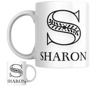 Designs of note! Sharon Personalised Initial Name Mug | Letter S Decorative Coffee Cup for Her | Novelty Elegant Gift for Women or Girls Called Sharon