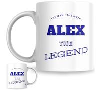 Designs of note! The Man, The Myth, The Legend Alex Mug | Funny Personalised Name Coffee Cup for Him | Gift for Men and Boys Named Alex (Blue)