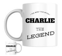 Designs of note! The Man, The Myth, The Legend Charlie Mug | Funny Personalised Name Coffee Cup for Him | Gift for Men and Boys Named Charlie