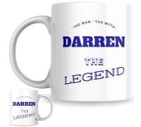 Designs of note! The Man, The Myth, The Legend Darren Mug | Funny Personalised Name Coffee Cup for Him | Gift for Men and Boys Named Darren (Blue)