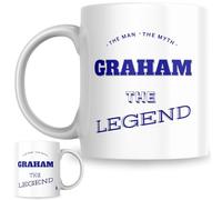 Designs of note! The Man, The Myth, The Legend Graham Mug | Funny Personalised Name Coffee Cup for Him | Gift for Men and Boys Named Graham (Blue)