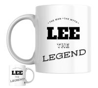 Designs of note! The Man, The Myth, The Legend Lee Mug | Funny Personalised Name Coffee Cup for Him | Gift for Men and Boys Named Lee (Black)