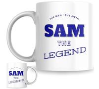 Designs of note! The Man, The Myth, The Legend Sam Mug | Funny Personalised Name Coffee Cup for Him | Gift for Men and Boys Named Sam (Blue)