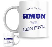 Designs of note! The Man, The Myth, The Legend Simon Mug | Funny Personalised Name Coffee Cup for Him | Gift for Men and Boys Named Simon (Blue)