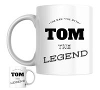 Designs of note! The Man, The Myth, The Legend Tom Mug | Funny Personalised Name Coffee Cup for Him | Gift for Men and Boys Named Tom (Black)