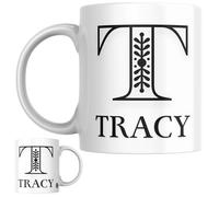 Designs of note! Tracy Personalised Initial Name Mug | Letter T Decorative Coffee Cup for Her | Novelty Elegant Gift for Women or Girls Called Tracy