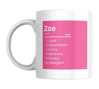 Designs of note! Zoe Definition Mug | Funny Personalised Name Meaning Coffee Cup for Her | Novelty Gift for Women or Girls Called Zoe (Pink)