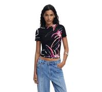 Desigual Lala Ribbed Tshirt with Arty Floral Print 25WWTK16 Black