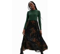 Desigual Lena Green Long Sleeved Top & Tiered Mesh Midi Skirt Dress 23WWVK89