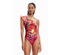Desigual Medewi One Shoulder Frill Tropical Swimsuit 23SWMK12 Orange