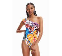 Desigual Medewi One Shoulder Frill Tropical Swimsuit 23SWMK12 White