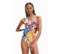 Desigual Medewi One Shoulder Frill Tropical Swimsuit 23SWMK12 White