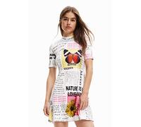 Desigual Newspaper Print White Bodycon Flared Dress 23SWVK46 1000