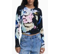 Desigual Womens Floral Print Long Sleeve Sweater - Black Linen - Size Small