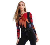 Desigual Women's Grandflower Ribbed Bodysuit Black Floral Long Sleeve XL