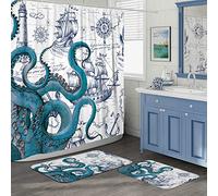 DESIHOM 3Pcs Nautical Octopus Bathroom Sets with Shower Curtain and Rugs, 72'' Shower Curtain and Two Non-Slip Washable Bath Mats (15.7''x23.6''&19.7''x31.5''), Funny Bathroom Decor