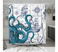 DESIHOM Blue Nautical Octopus Shower Curtain Set, Funny Ocean Kraken Shower Curtains for Bathroom, Beach Coastal Pirate Map Decor Polyester Fabric-72" x 72"