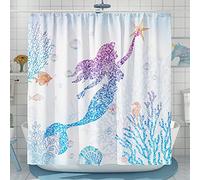 DESIHOM Cute Mermaid Shower Curtain Set, Glitter Fish Scale Girls Shower Curtains for Bathroom Kids Bathroom Decor Polyester Fabric-72" x 72"