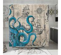 DESIHOM Vintage Nautical Octopus Shower Curtain Set, Funny Ocean Kraken Shower Curtains for Bathroom, Beach Coastal Pirate Map Decor Polyester Fabric-72" x 72"