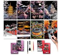 DESINIK Rainbow Scratch Painting Art Kit - Family Friendly Crafts for Adults and Children, DIY Craft Kit with 4 Tools and 8 Sheets of Paper, Ancient Cities Series Creative Gifts (Japan and China)
