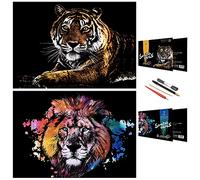 DESINIK Scratch Painting Art for Adults & Teens - 2 Sheets Rainbow Scratch Painting Kit, Scratch Painting Foil Art for Adults, Stress Relief Adult Craft Kits A3(Tiger & Lion)
