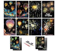 DESINIK Scratch Painting Art Paper,Scratch Art for Adults,Creative DIY Craft Gift Scratch Rainbow Painting Luminous Paper Set with 4 Tools 11.7''x8.3''(Fireworks&Hot Air Balloon)