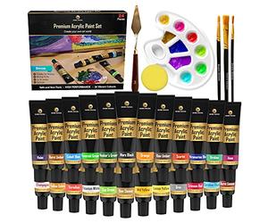 Desire Deluxe Acrylic Paint Set School Art Supplies for Artist - 30pc Craft Kit for Rock, Wood, Ceramic, Canvas, Paper & Fabric - Include Mixing Knife, Sponge, Palette and 3 Sizes Premium Brushes