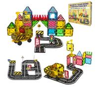 Desire Deluxe Magnetic Building Tiles Road Blocks - Magnet Crane Car Set for Kids, Educational Preschool STEM Learning Montessori Construction Toddler Toy for Boys & Girls 3+ Year Birthday