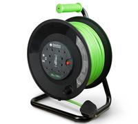 Desiretech 4 Socket Extension Lead 50m, Heavy Duty 4-Way Cable Reel, 13A Thermal Cut-Out, LED Indicator, Extra Long 30-50m Extension Reel, Black & Green, CE & UKCA Certified (50 Metre)