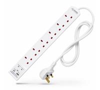 Desiretech 6 Gang Extension Lead, 3 Metre Cable, Surge Protection & 2 USB Ports in White Desiretech White