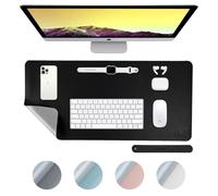 DesireTech Reversible Office Desk Mat Small, Dual-Sided, Waterproof Faux Leather Table Surface Protector Desk- Laptop Mat & Mouse Pad for Home & Office - 35 x 60cm (Black/Silver)