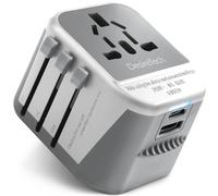 Desiretech Travel Adaptor 4-in-1 Universal Plug Adapter with USB-A, USB-C, Phone Docking , Double Fuse Protection, White and Grey